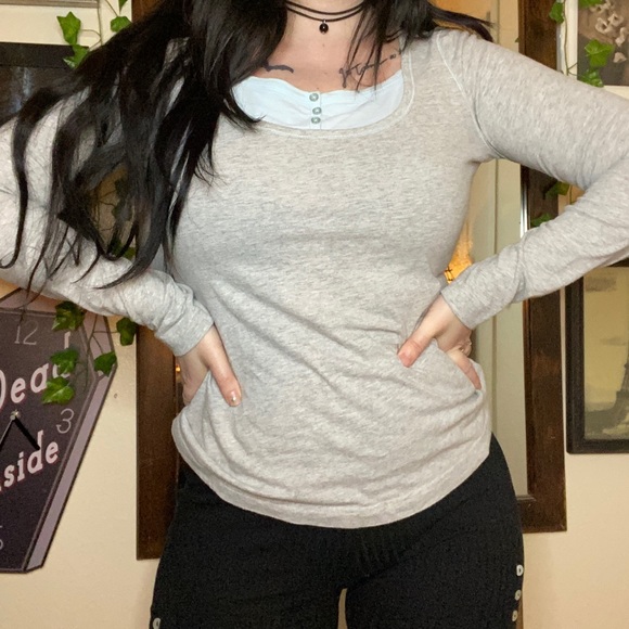 French Dressing Tops - Gray and Baby/Light Blue Faux Henley Milkmaid Elena Gilbert Bella Swan Top
